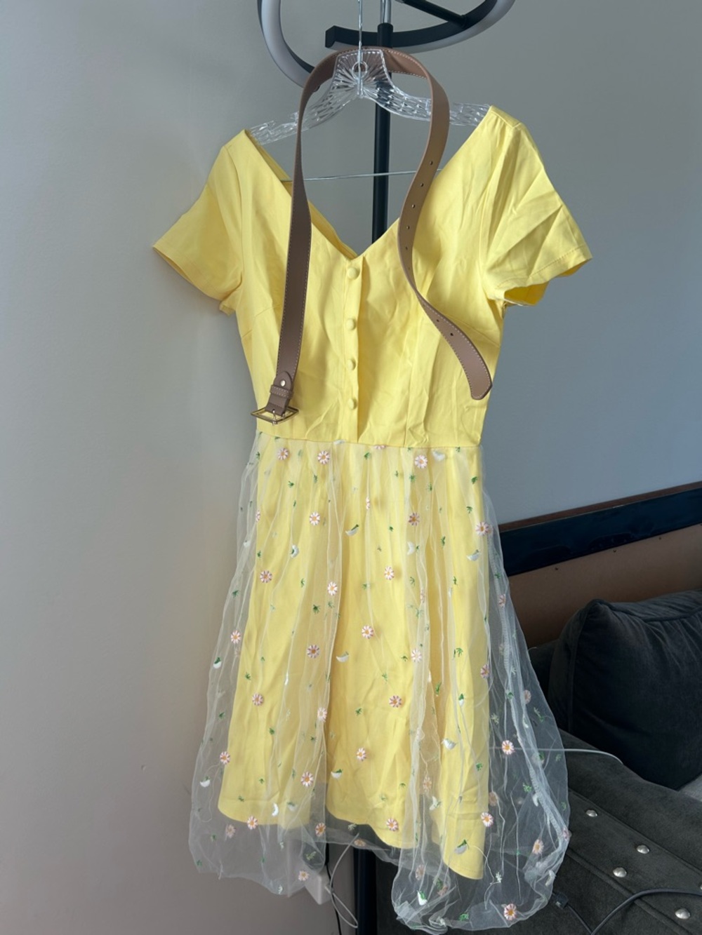 Yellow Floral Mini Dress with Tulle Overlay